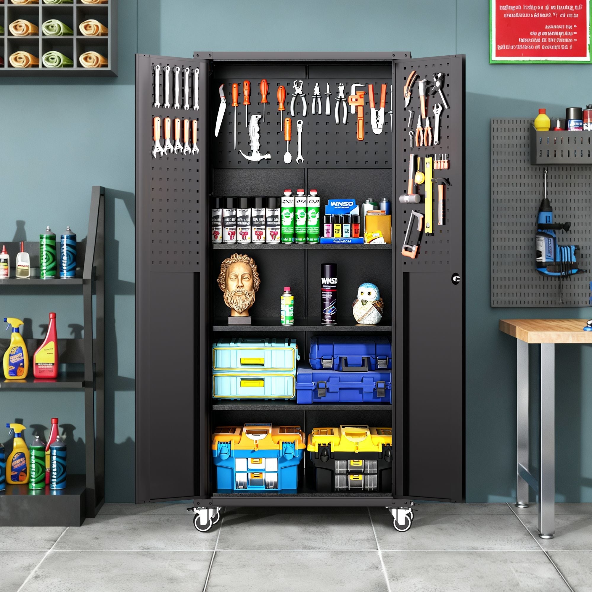 71" All - Black Metal Garage Storage Cabinet with Wheels - Heavy - Duty Tool Storage Cabinet for Home, Office, School, and Garage Organization - GarageSupply