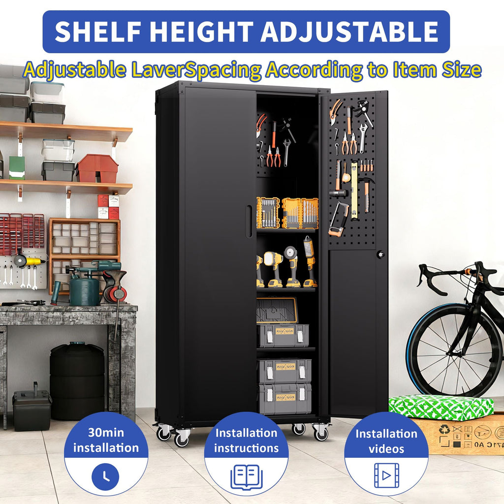 71" All - Black Metal Garage Storage Cabinet with Wheels - Heavy - Duty Tool Storage Cabinet for Home, Office, School, and Garage Organization - GarageSupply