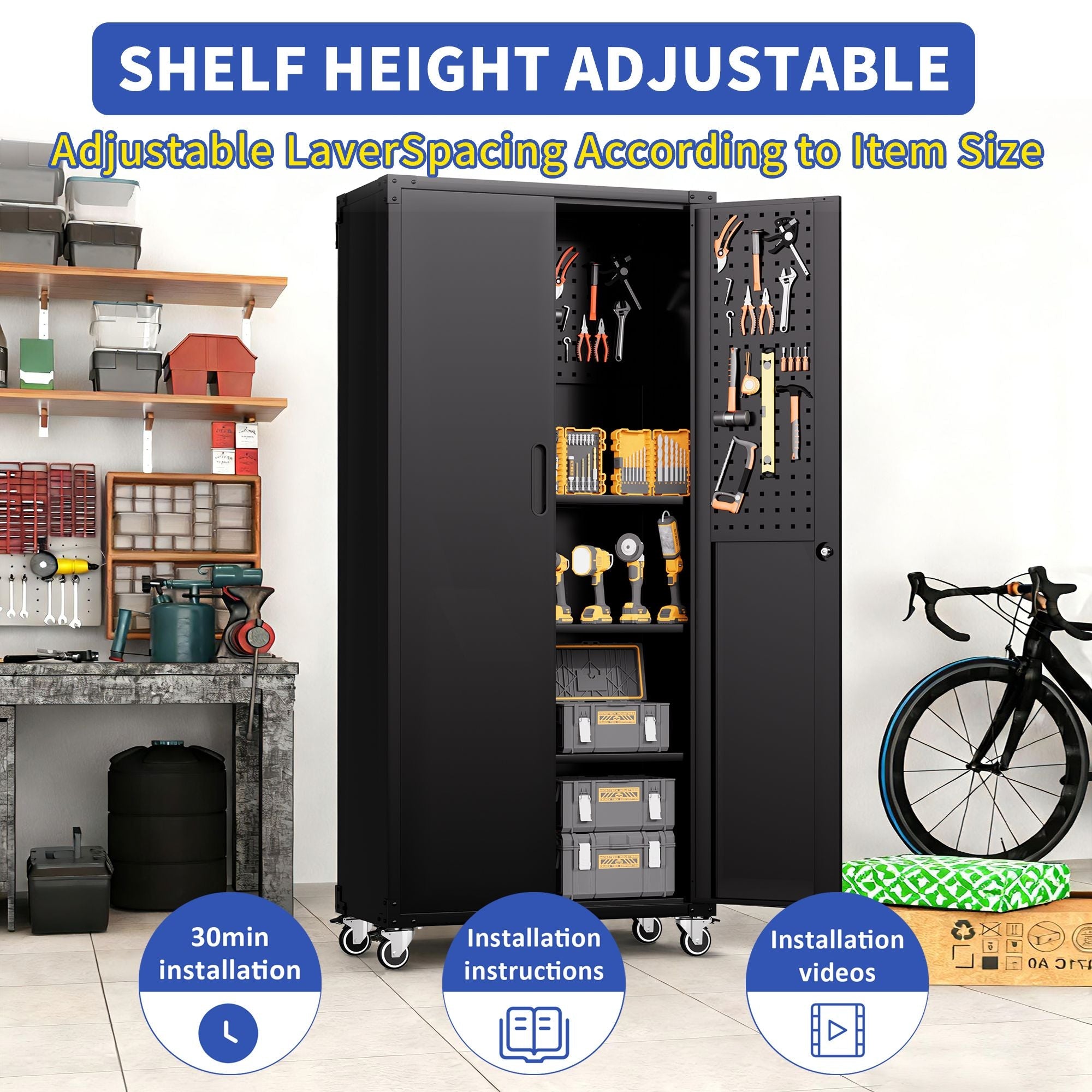 71" All - Black Metal Garage Storage Cabinet with Wheels - Heavy - Duty Tool Storage Cabinet for Home, Office, School, and Garage Organization - GarageSupply