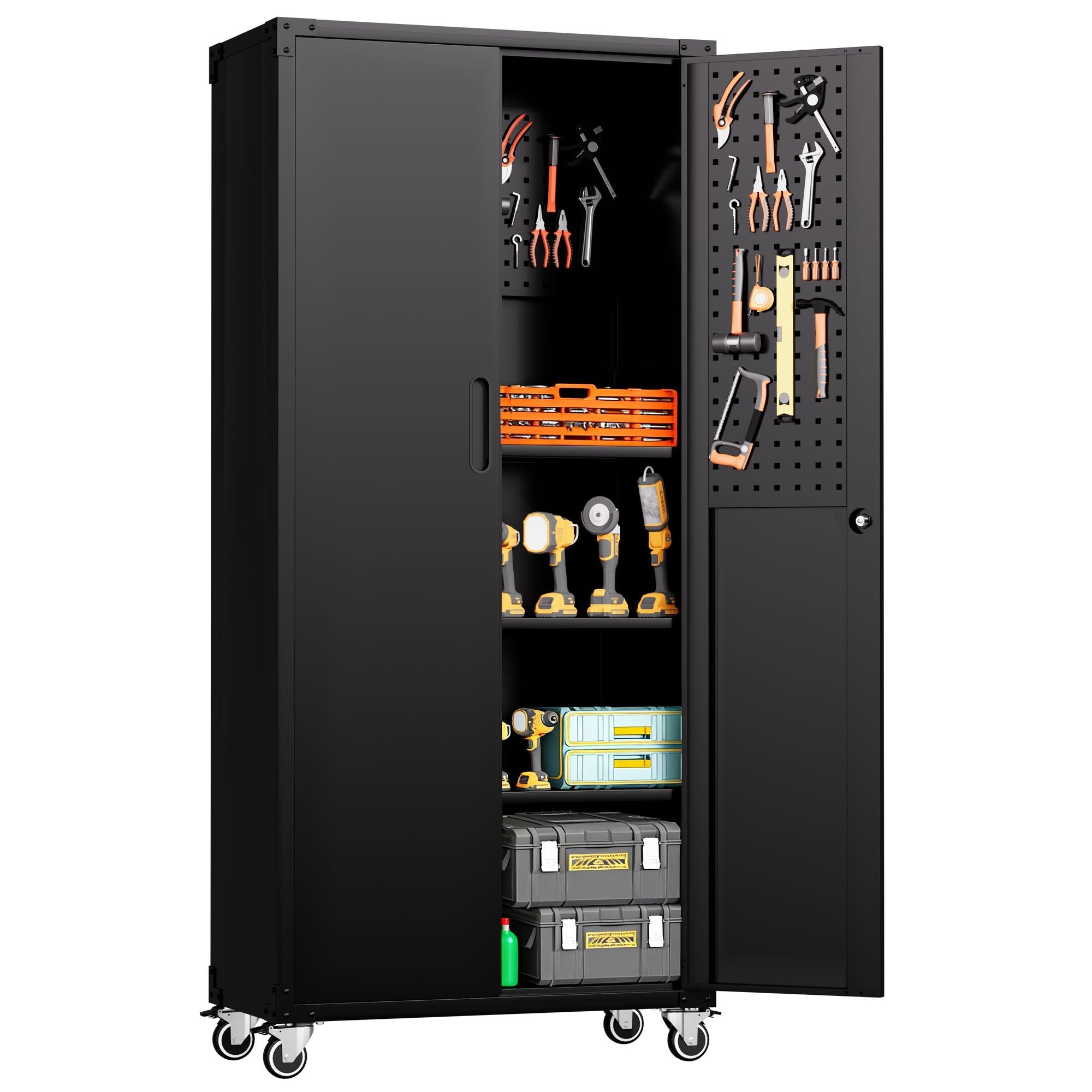 71" All - Black Metal Garage Storage Cabinet with Wheels - Heavy - Duty Tool Storage Cabinet for Home, Office, School, and Garage Organization - GarageSupply