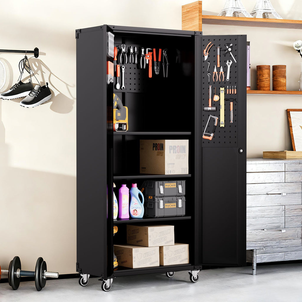 71" All - Black Metal Garage Storage Cabinet with Wheels - Heavy - Duty Tool Storage Cabinet for Home, Office, School, and Garage Organization - GarageSupply