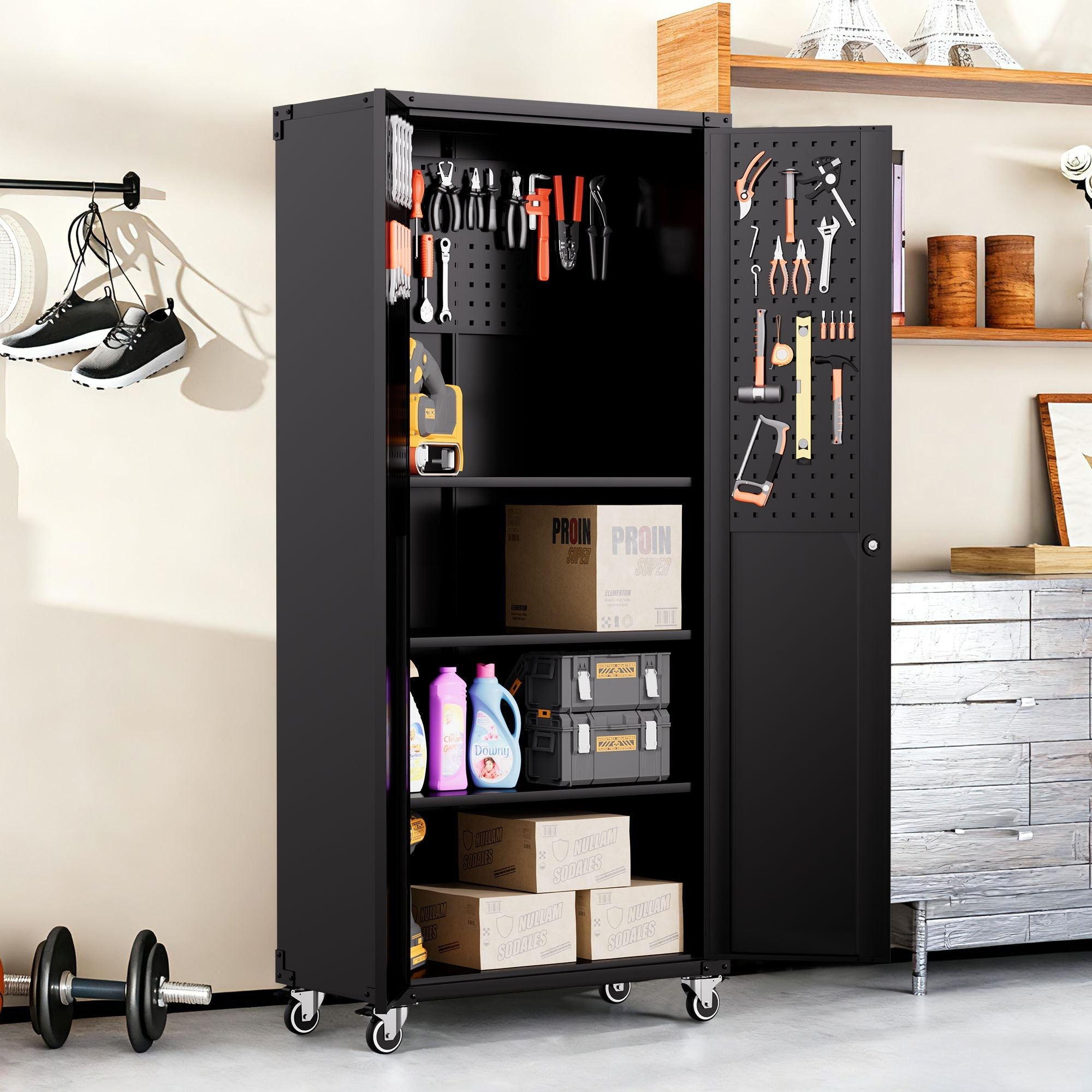 71" All - Black Metal Garage Storage Cabinet with Wheels - Heavy - Duty Tool Storage Cabinet for Home, Office, School, and Garage Organization - GarageSupply