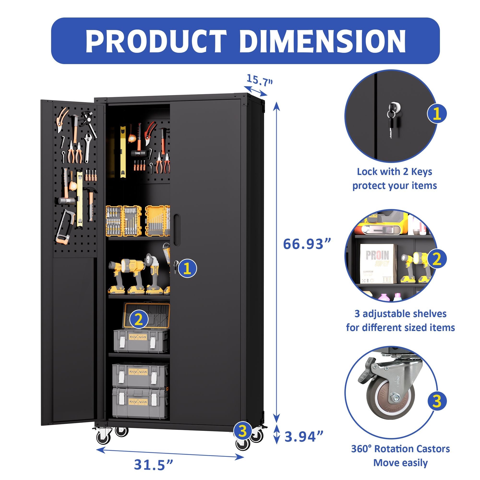 71" All - Black Metal Garage Storage Cabinet with Wheels - Heavy - Duty Tool Storage Cabinet for Home, Office, School, and Garage Organization - GarageSupply