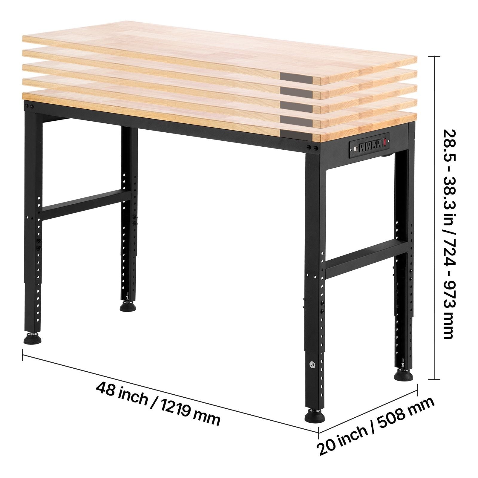 Adjustable Workbench, 2000 lbs Capacity, 48 x 20 - inch Heavy Duty Work Bench with 28.5 - 38.3 Inches Height Adjustment, Garage Workbench with Power Outlets, Suitable for Office, Garage, Workshop - GarageSupply