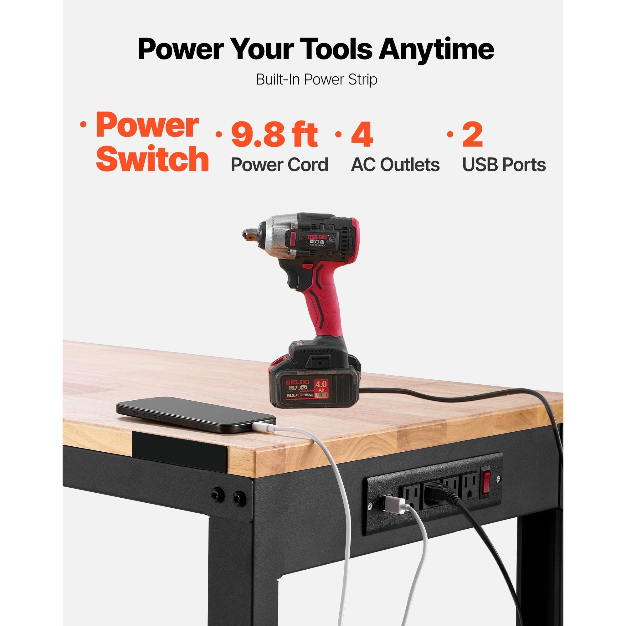 Adjustable Workbench, 2000 lbs Capacity, 48 x 20 - inch Heavy Duty Work Bench with 28.5 - 38.3 Inches Height Adjustment, Garage Workbench with Power Outlets, Suitable for Office, Garage, Workshop - GarageSupply
