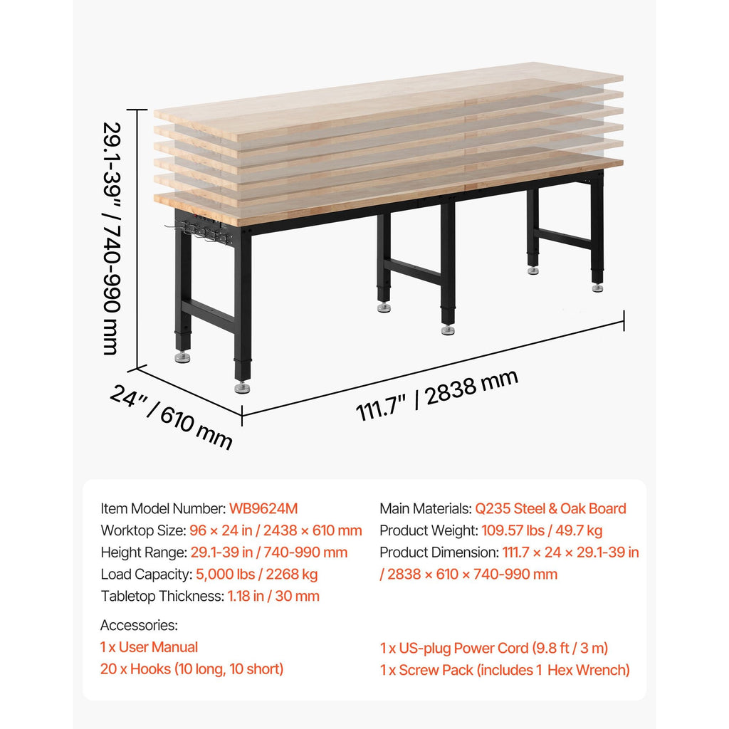 Adjustable Workbench, 5000 lbs Capacity, 96 x 24 Inch Oak Wood Top Workstation with 4 AC Outlets & 2 USB Ports, Heavy - Duty Hardwood Worktable for Garage, Workshop, Home, Office, Commercial - GarageSupply