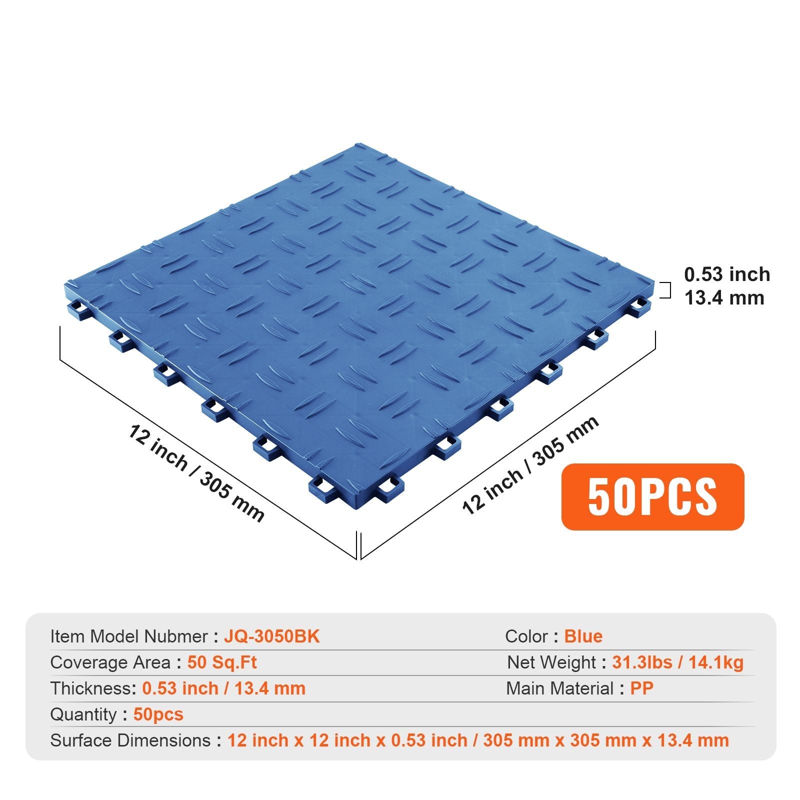 Garage Tiles Interlocking, 12 x 12 x 0.53 inch 50 Pack Garage Floor Covering Tiles, Non - Slip Double - Sided Texture Garage Flooring Tiles, for Garages, Basements, Repair Shops, Blue - GarageSupply