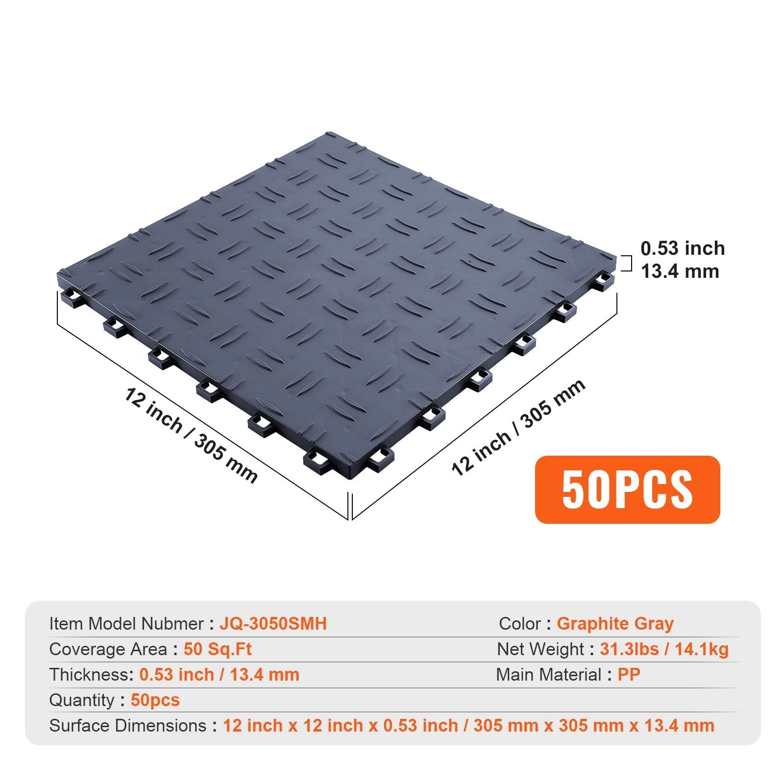 Garage Tiles Interlocking, 12 x 12 x 0.53 inch 50 Pack Garage Floor Covering Tiles, Non - Slip Double - Sided Texture Garage Flooring Tiles, for Garages, Basements, Repair Shops, Graphite Gray - GarageSupply