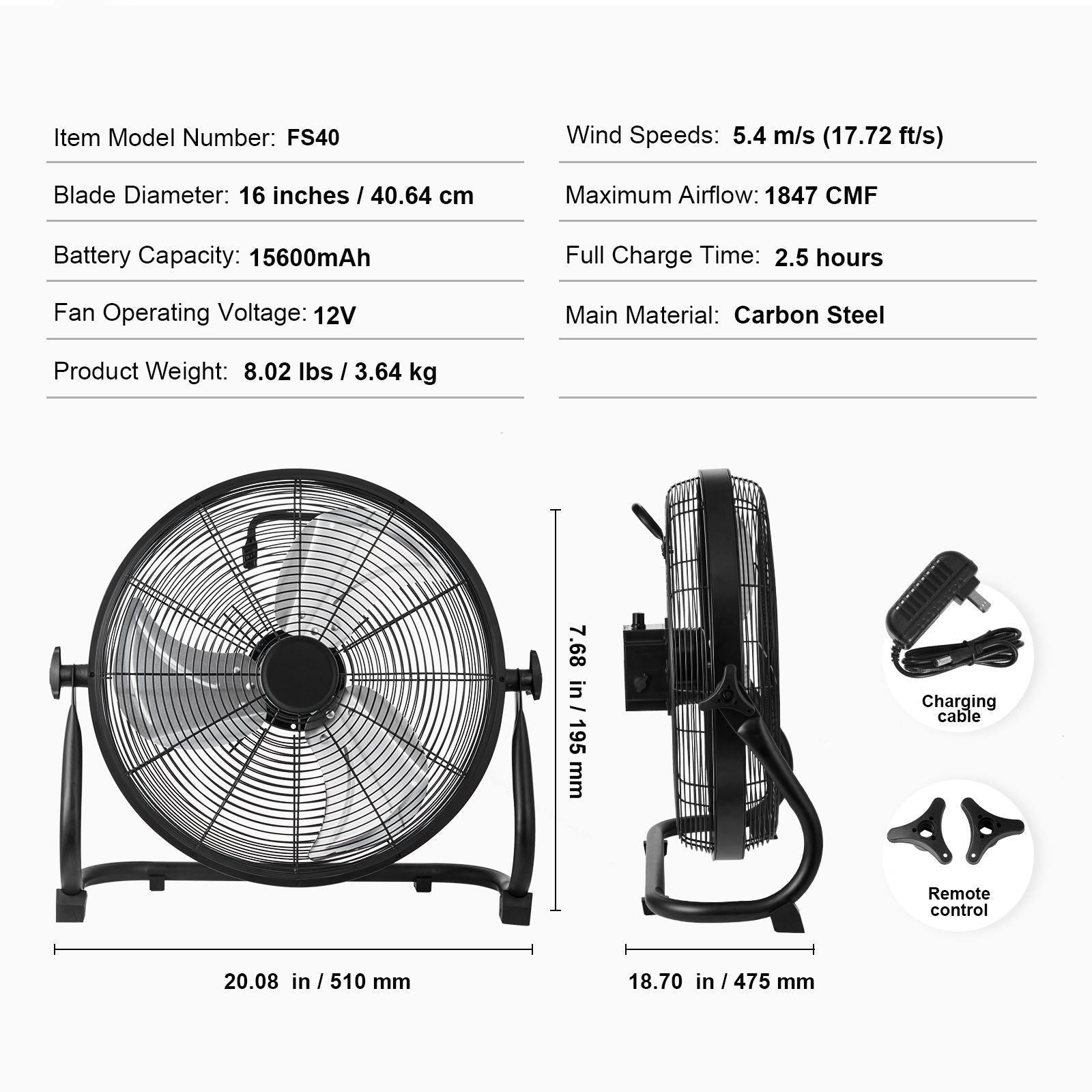 GarageSupply 16” Rechargeable Cordless Shop Fan | 24 - Hour Runtime & Stepless Speed - GarageSupply