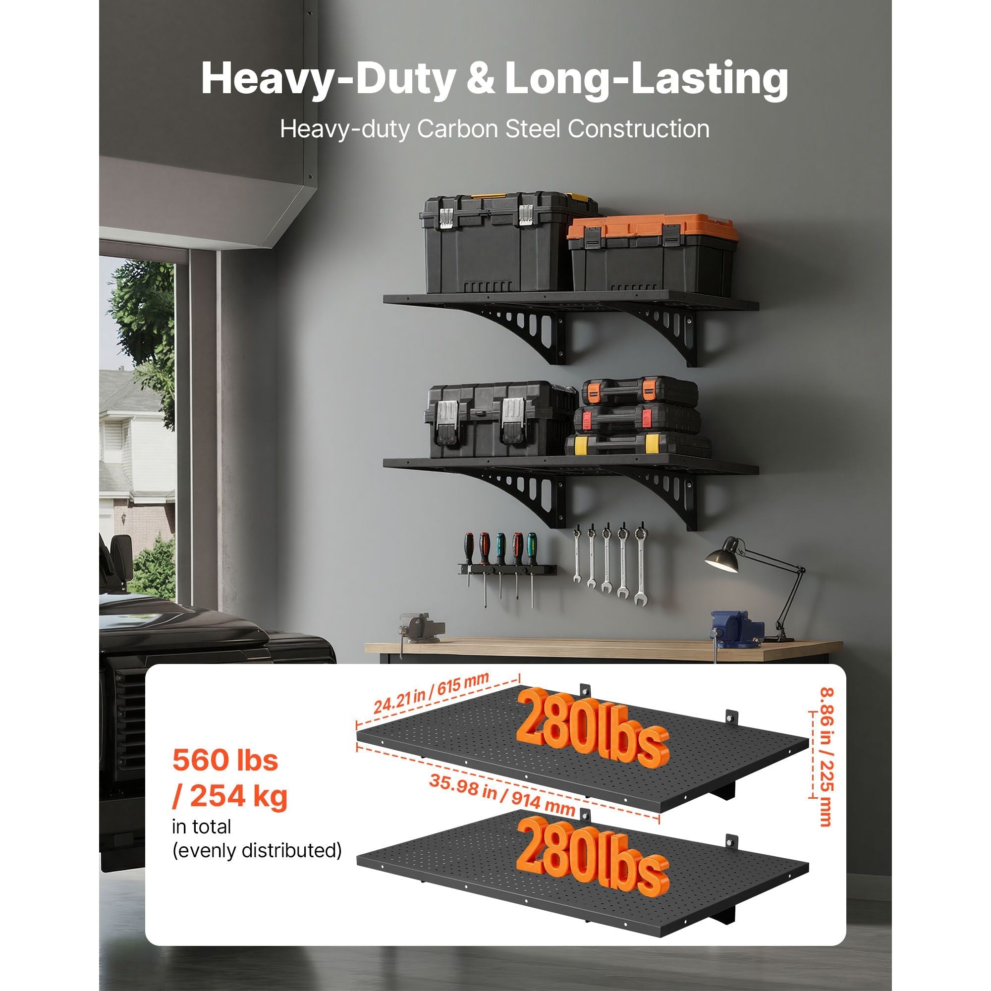 GarageSupply 2 - Tier Heavy - Duty Wall Shelving | 560lb Total Capacity Steel Rack - GarageSupply