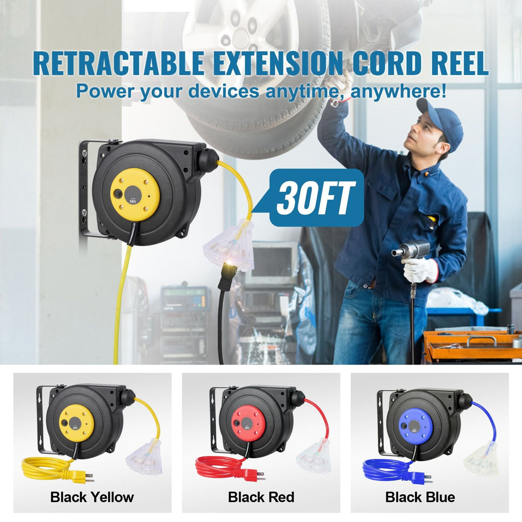 GarageSupply 30ft Retractable Power Reel | Heavy - Duty Triple - Tap Extension Cord - GarageSupply