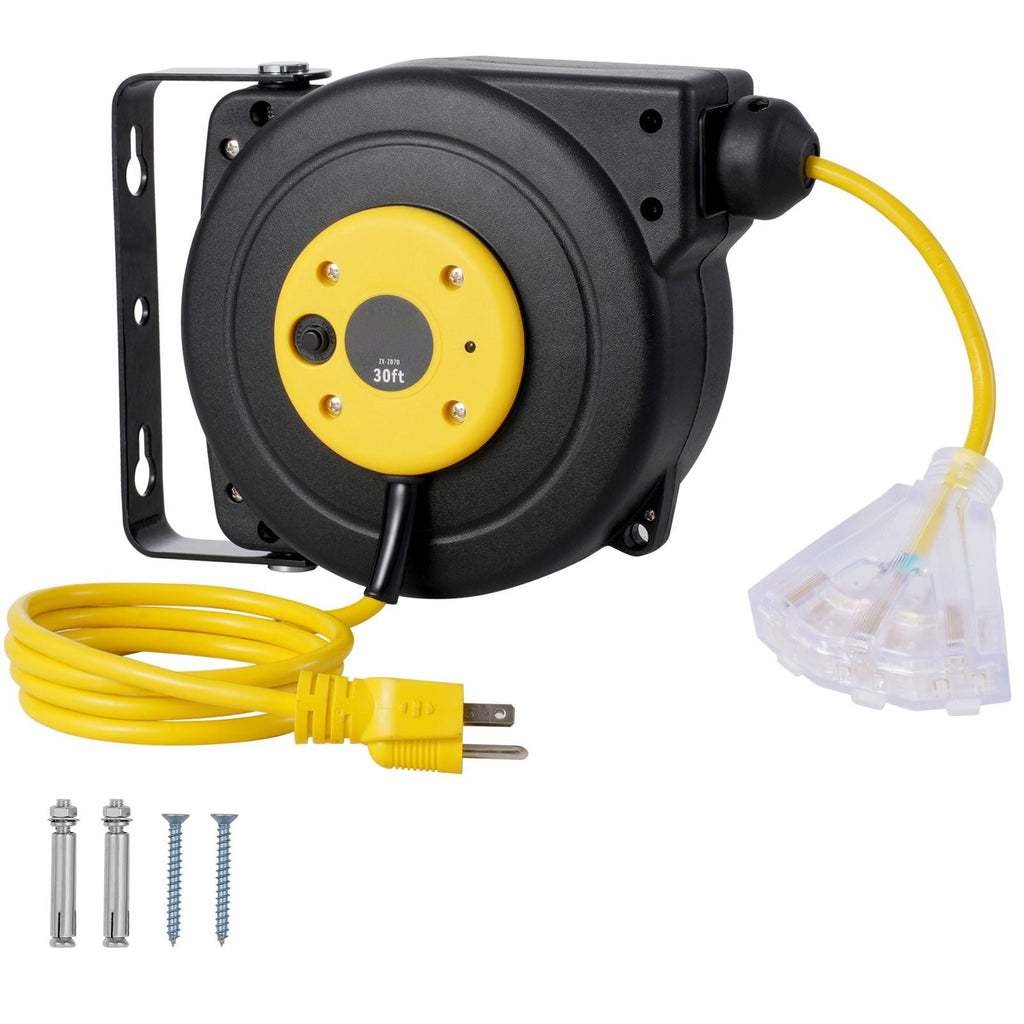 GarageSupply 30ft Retractable Power Reel | Heavy - Duty Triple - Tap Extension Cord - GarageSupply