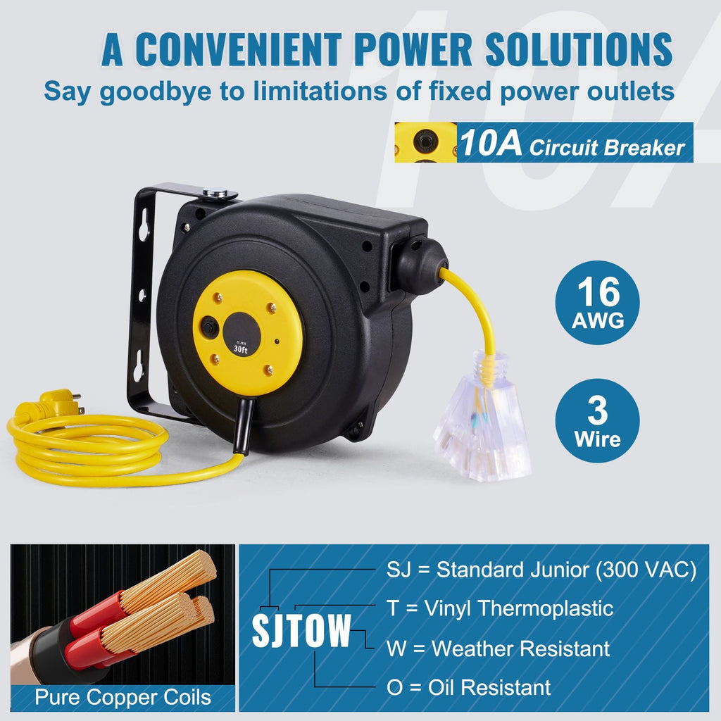 GarageSupply 30ft Retractable Power Reel | Heavy - Duty Triple - Tap Extension Cord - GarageSupply