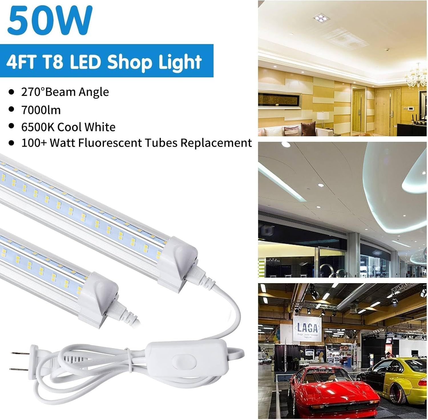 GarageSupply 4 - Pack 4ft V - Shape LED Shop Lights | 7,000lm High - Output Linkable System - GarageSupply