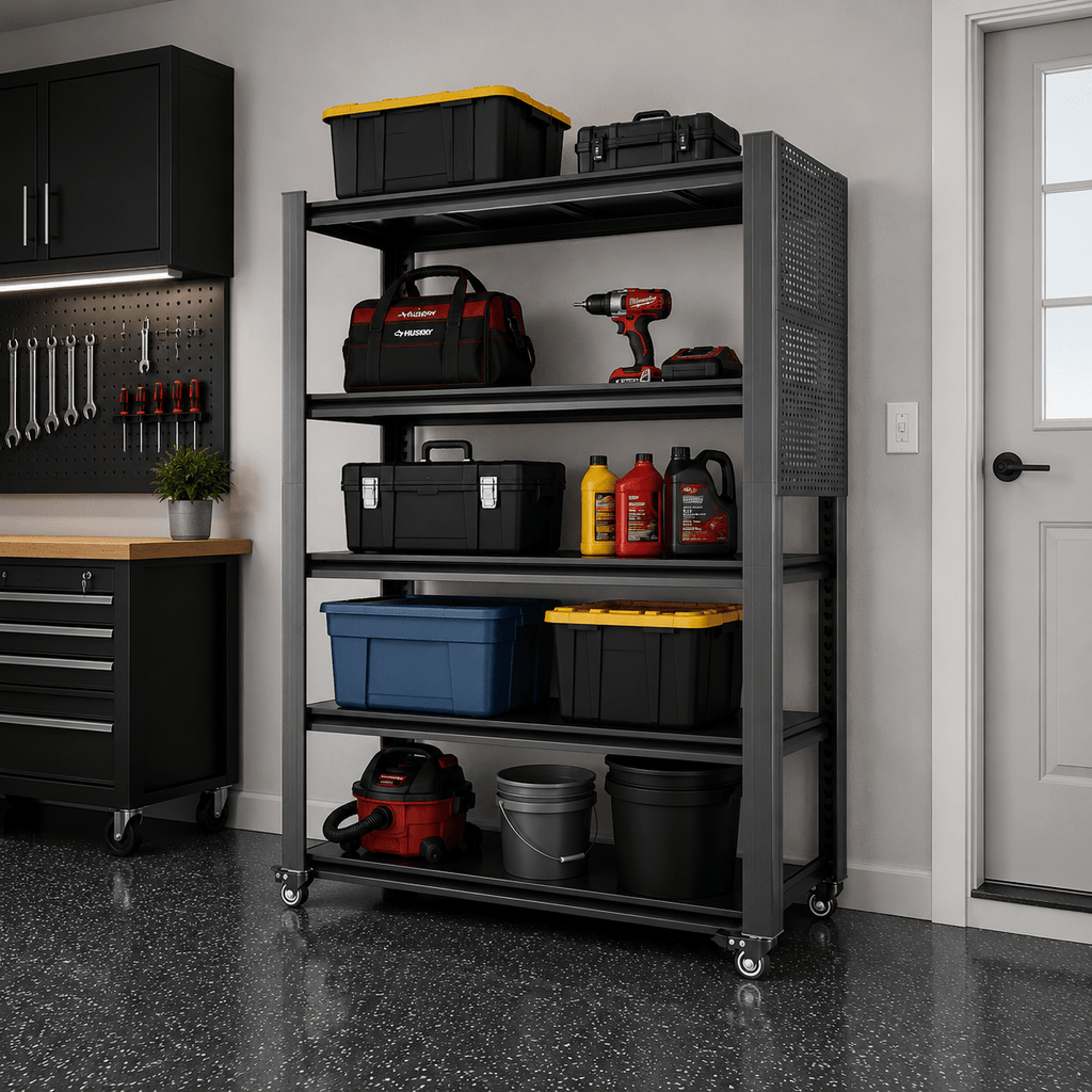 GarageSupply 5 - Tier Rolling Shelving Unit with Pegboard - GarageSupply