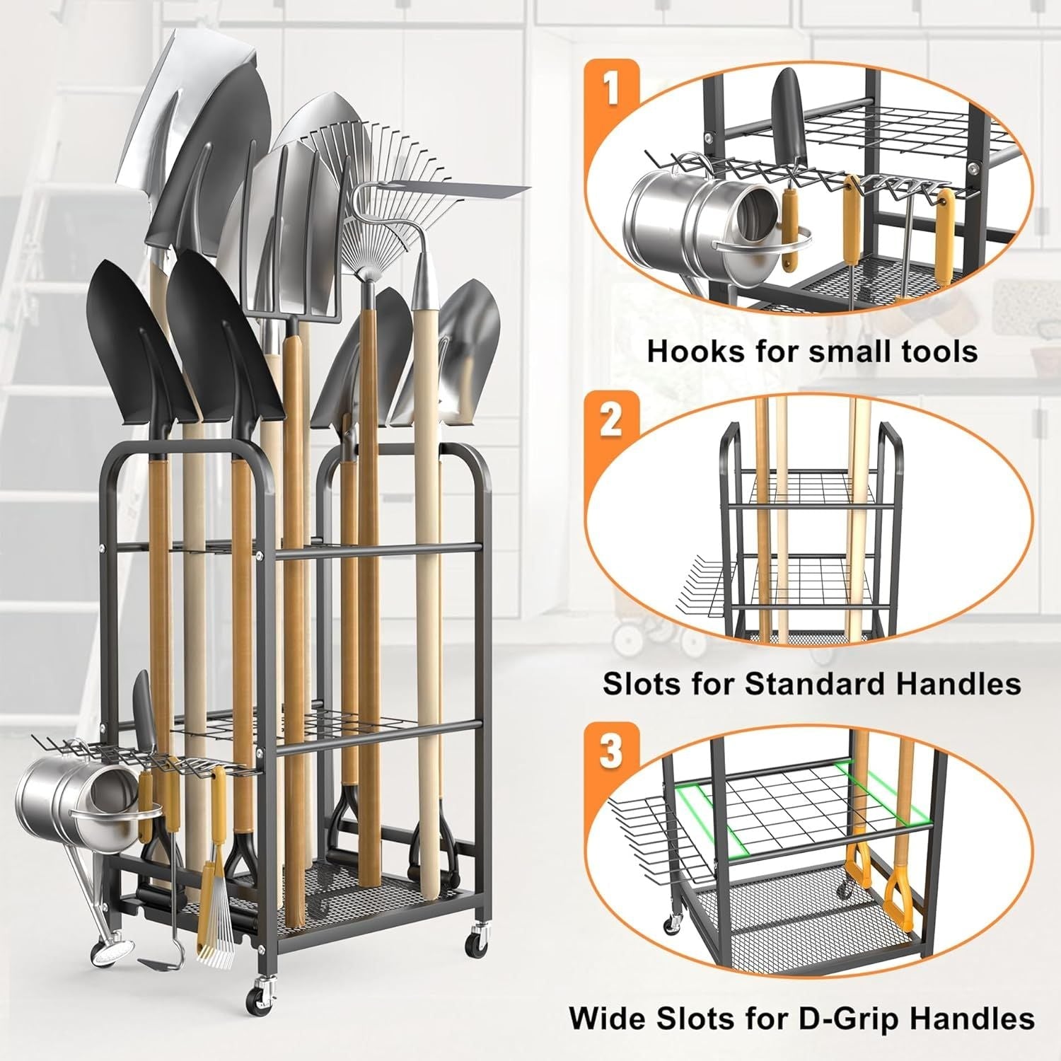 Garden Tool Organizer Stand with Wheels, Rakes Shovels Yard Tools Stand for Garage, Shed, Garden, Indoor/Outdoor Long - Handled Tools Cart - GarageSupply