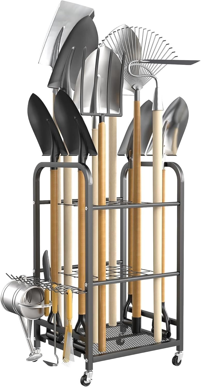 Garden Tool Organizer Stand with Wheels, Rakes Shovels Yard Tools Stand for Garage, Shed, Garden, Indoor/Outdoor Long - Handled Tools Cart - GarageSupply