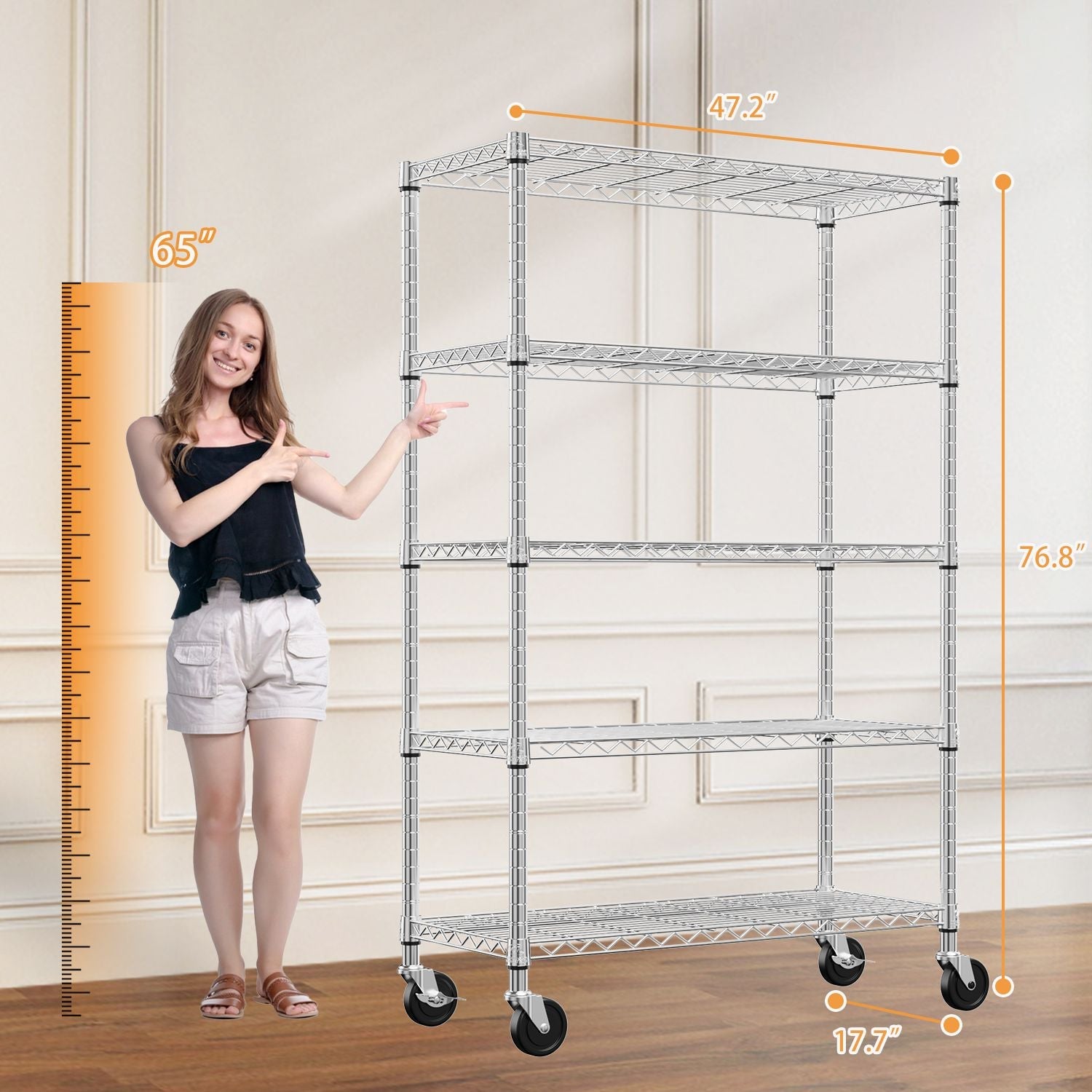 Steel Storage Shelving 5 - Tier Utility Shelving Unit Steel Organizer Wire Rack with Wheels for Home,Kitchen,Office,Garage, 1750 LBS Capacity 17.7" D x 47.2" W x 72.3" H - GarageSupply