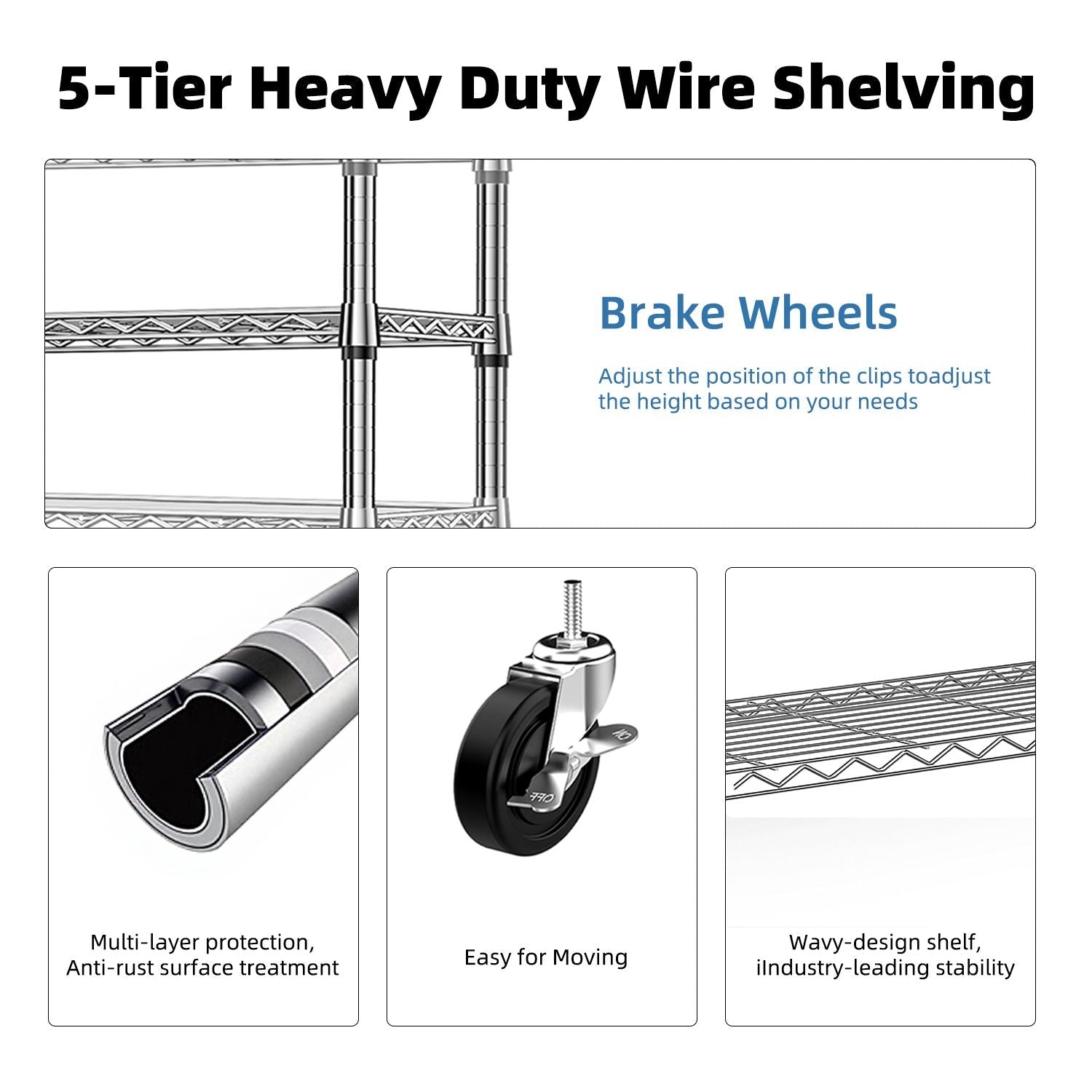 Steel Storage Shelving 5 - Tier Utility Shelving Unit Steel Organizer Wire Rack with Wheels for Home,Kitchen,Office,Garage, 1750 LBS Capacity 17.7" D x 47.2" W x 72.3" H - GarageSupply