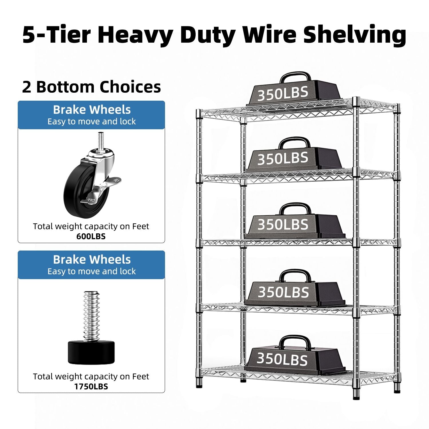 Steel Storage Shelving 5 - Tier Utility Shelving Unit Steel Organizer Wire Rack with Wheels for Home,Kitchen,Office,Garage, 1750 LBS Capacity 17.7" D x 47.2" W x 72.3" H - GarageSupply