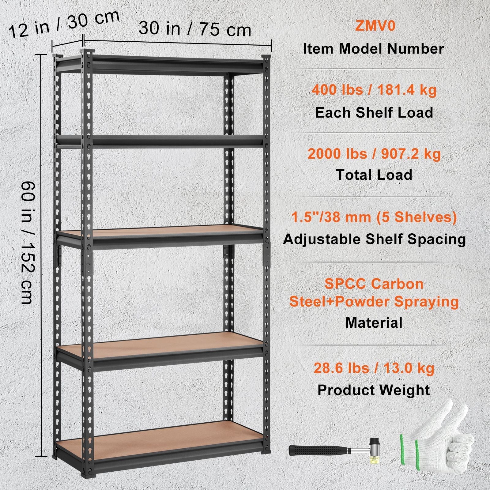 Storage Shelving Unit, 5 - Tier Adjustable, 2000 lbs Capacity, Heavy Duty Garage Shelves Metal Organizer Utility Rack, Black, 30" L x 12" W x 60" H for Kitchen Pantry Basement Bathroom Laundry - GarageSupply