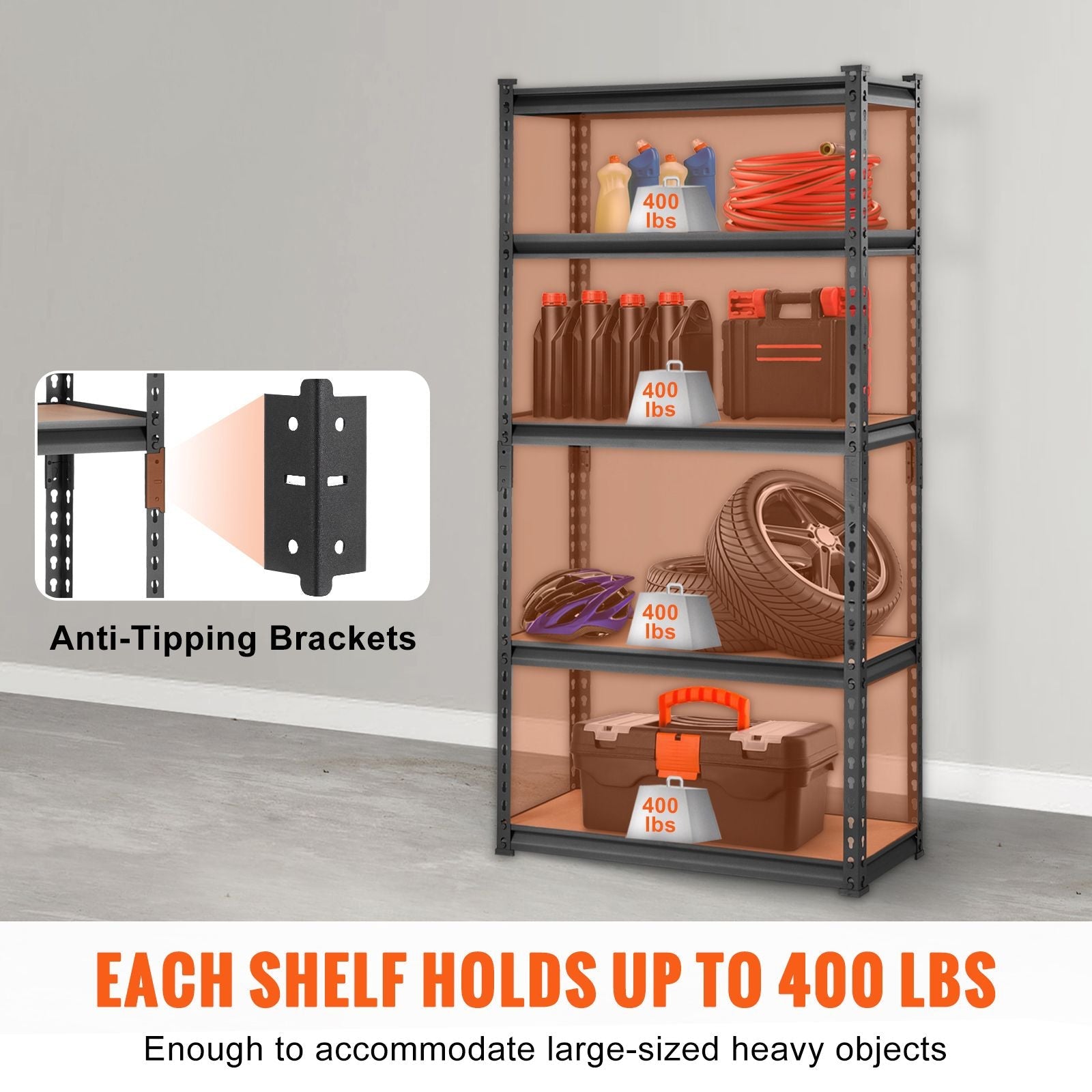 Storage Shelving Unit, 5 - Tier Adjustable, 2000 lbs Capacity, Heavy Duty Garage Shelves Metal Organizer Utility Rack, Black, 30" L x 12" W x 60" H for Kitchen Pantry Basement Bathroom Laundry - GarageSupply